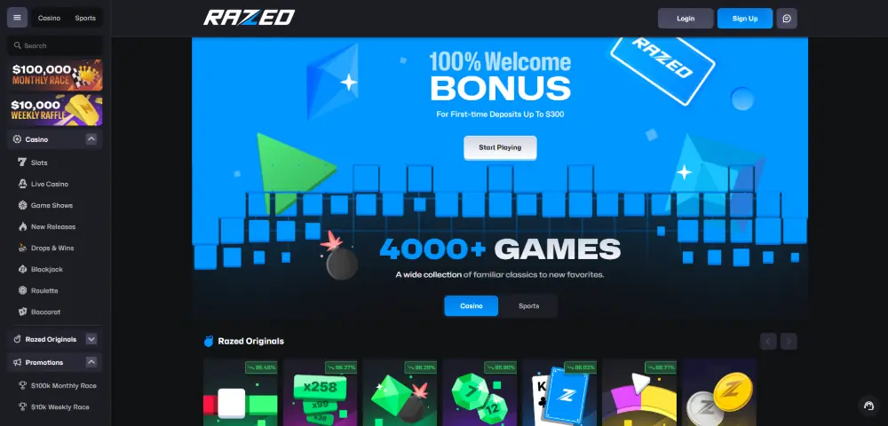 Razed Casino homepage - crypto-only casino with 13 supported cryptocurrencies and ETH withdrawal in 3 minutes