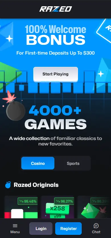 Razed Casino homepage displayed on mobile phone