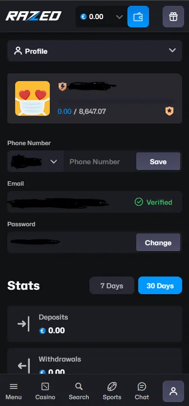 Razed Casino profile page showing player stats