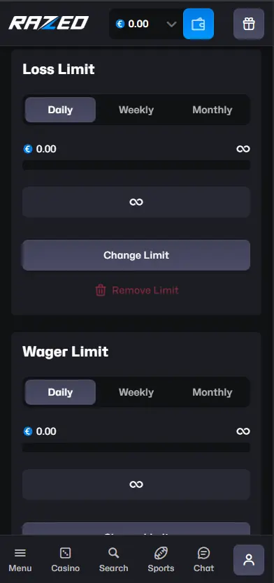 Razed Casino responsible gambling page with wager and loss limits