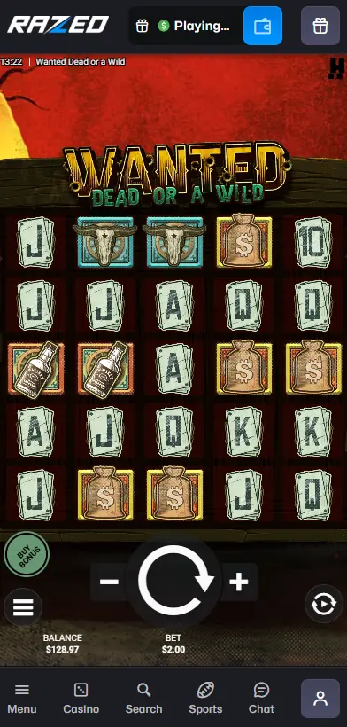 Wanted Dead or a Wild slot gameplay at Razed Casino showing 33.31% session return