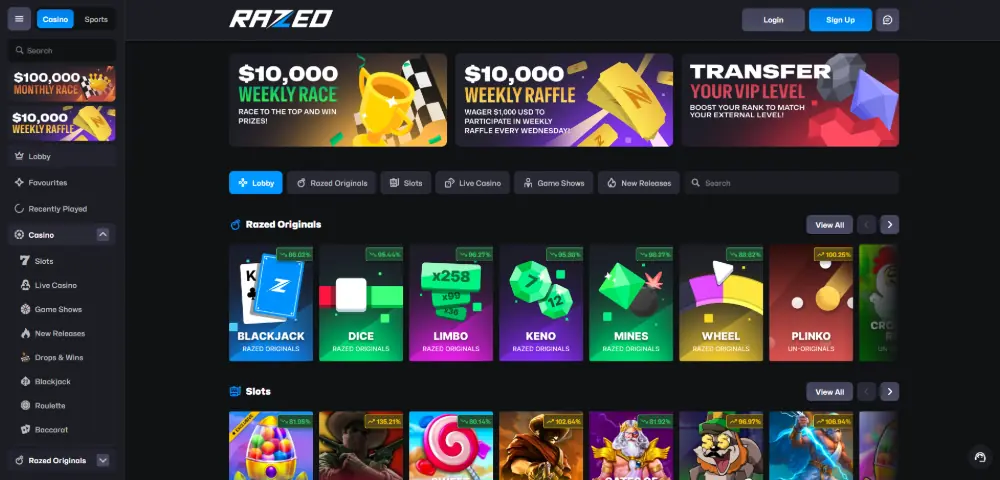 Razed Casino slots page on desktop
