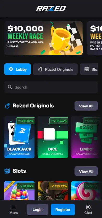 Razed Casino slots page on mobile