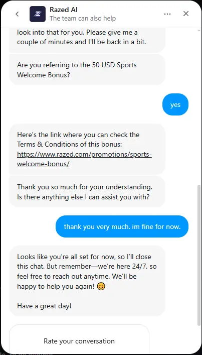 Razed Casino live chat support conversation showing response times