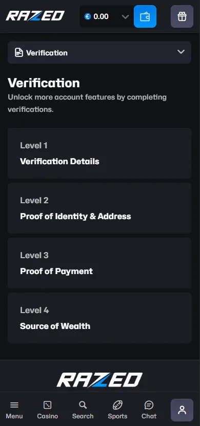 Razed Casino verification page showing 4 required document types