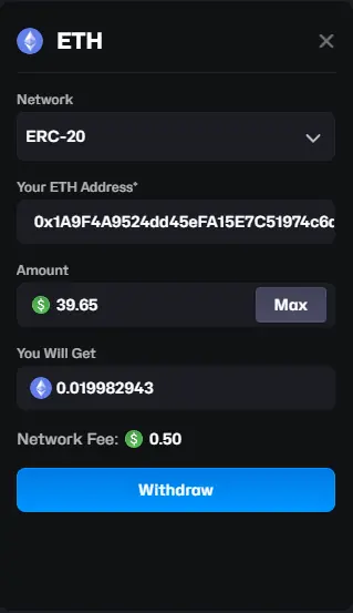 Razed Casino ETH withdrawal page showing $0.50 network fee