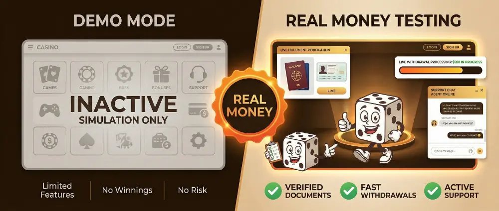 Real money casino testing and verification process comparing demo mode to actual deposits and withdrawals