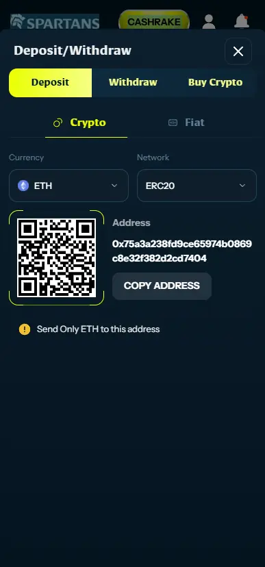 Spartans Casino cryptocurrency deposit interface