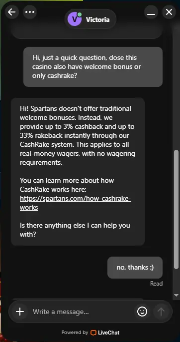 Spartans Casino live chat support conversation