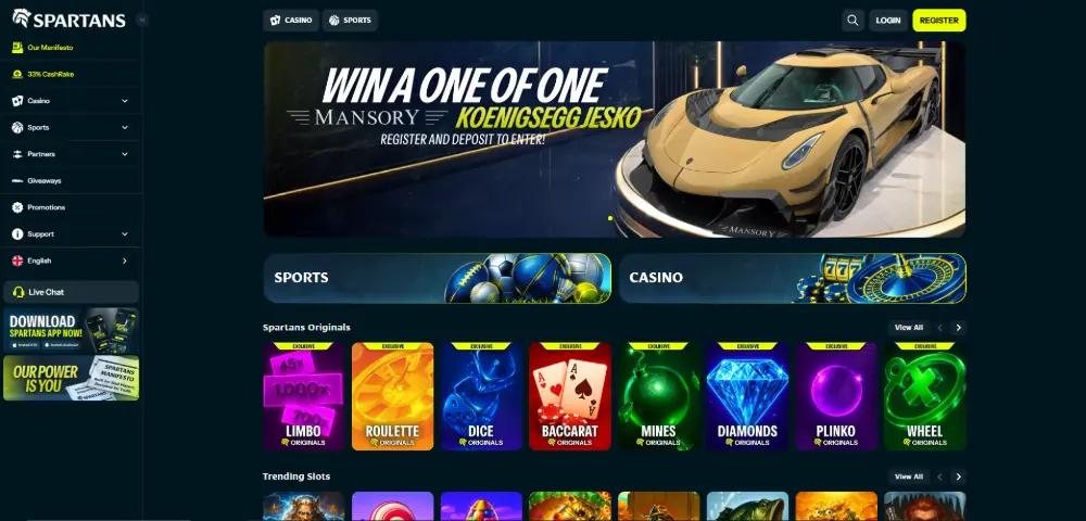 Spartans Casino lobby - showing the CashRake system dashboard and crypto deposit options