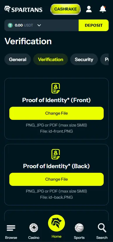Spartans Casino profile verification interface