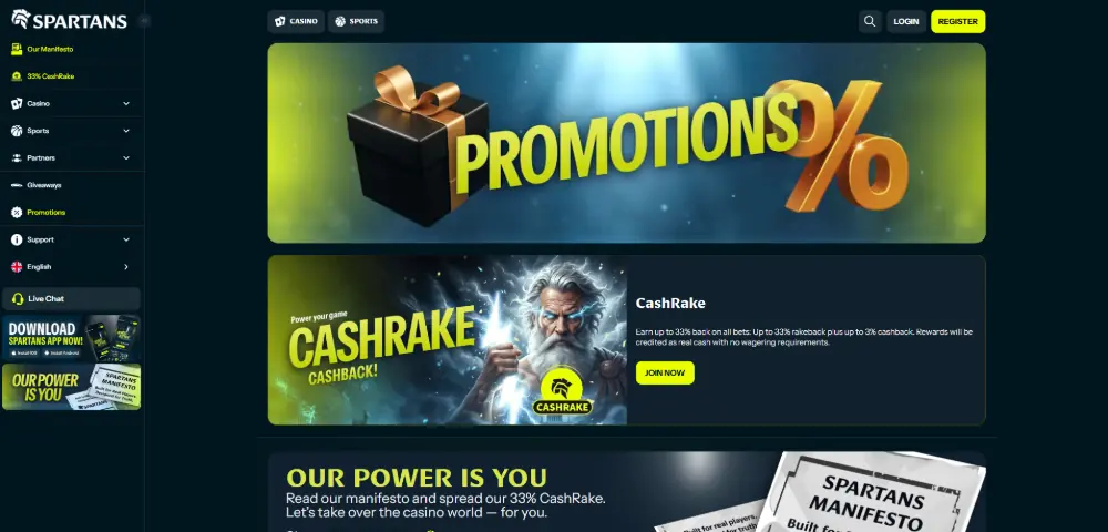 Spartans Casino promotions page on desktop
