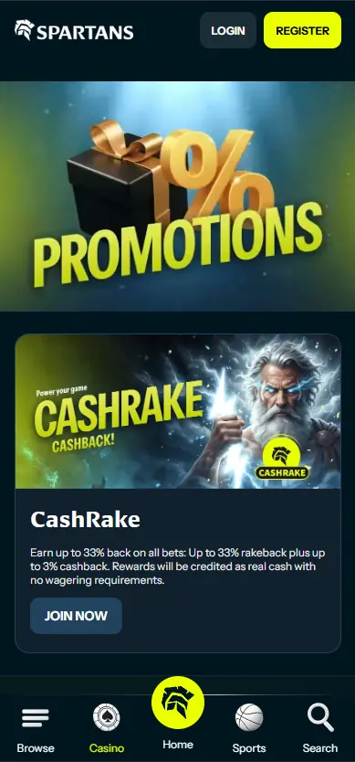Spartans Casino promotions page on mobile