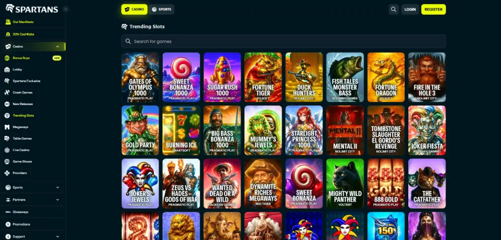 Spartans Casino trending slots page on desktop