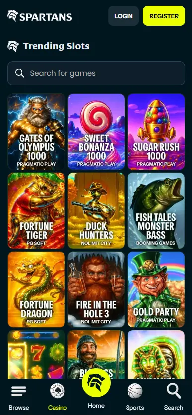 Spartans Casino trending slots page on mobile