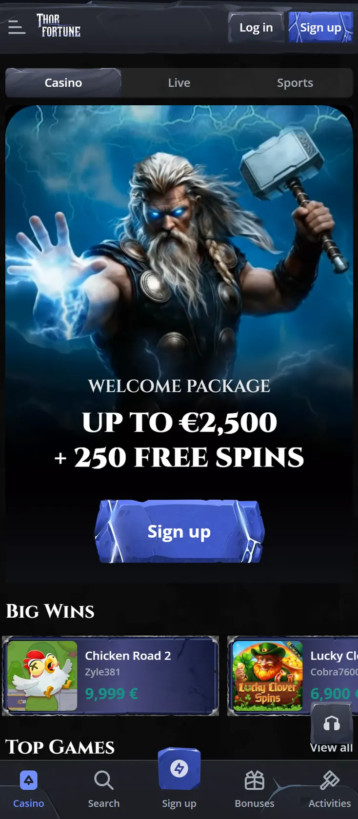 Thorfortune Casino homepage displayed on mobile phone with the welcome package banner