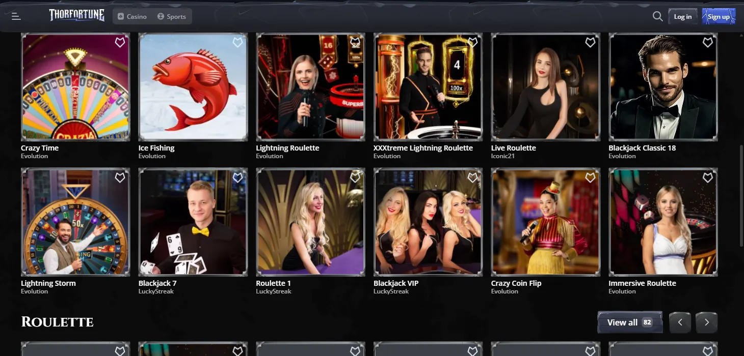 Thorfortune Casino live casino lobby on desktop