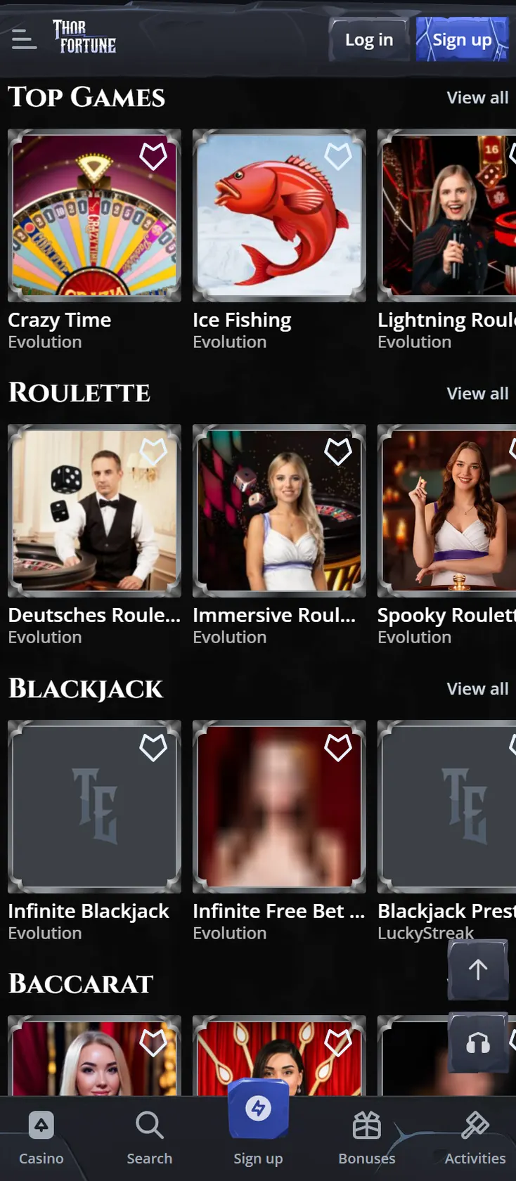 Thorfortune Casino live casino lobby on mobile with Evolution roulette and blackjack tables