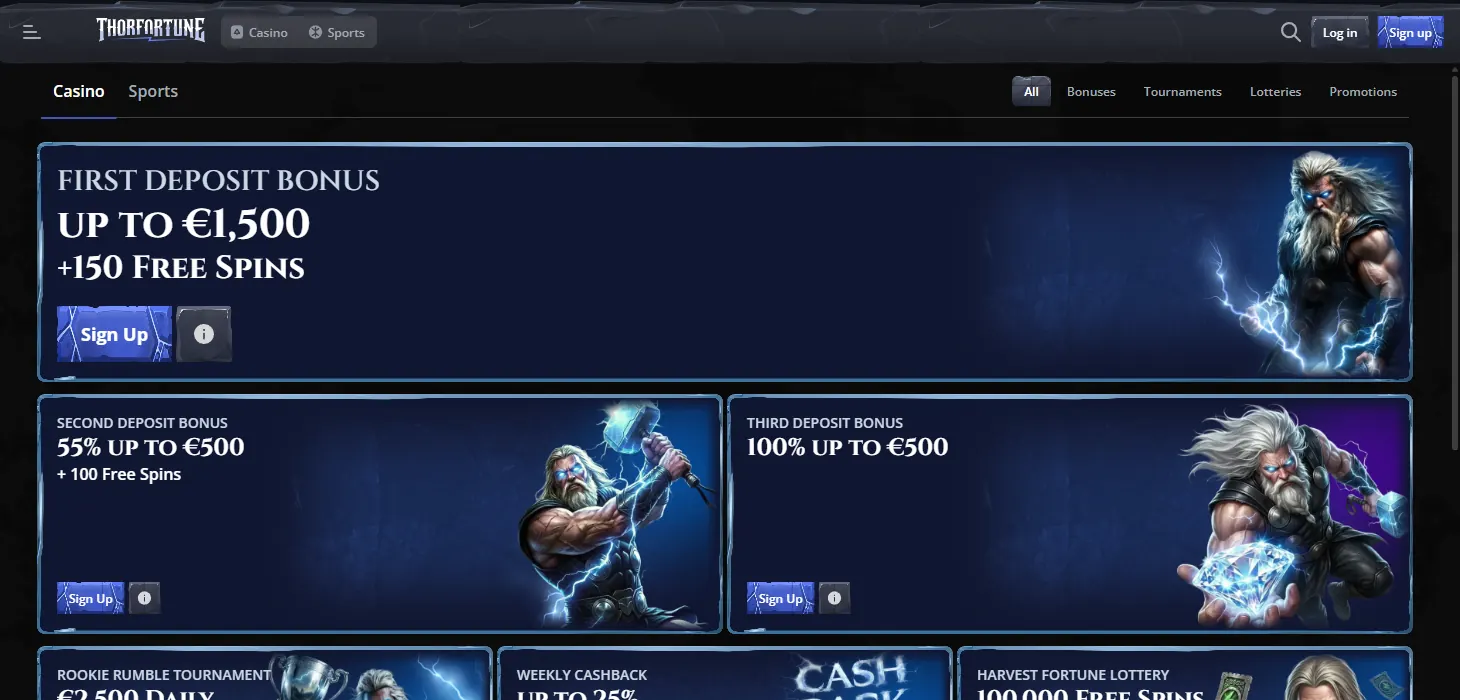Thorfortune Casino promotions page on desktop