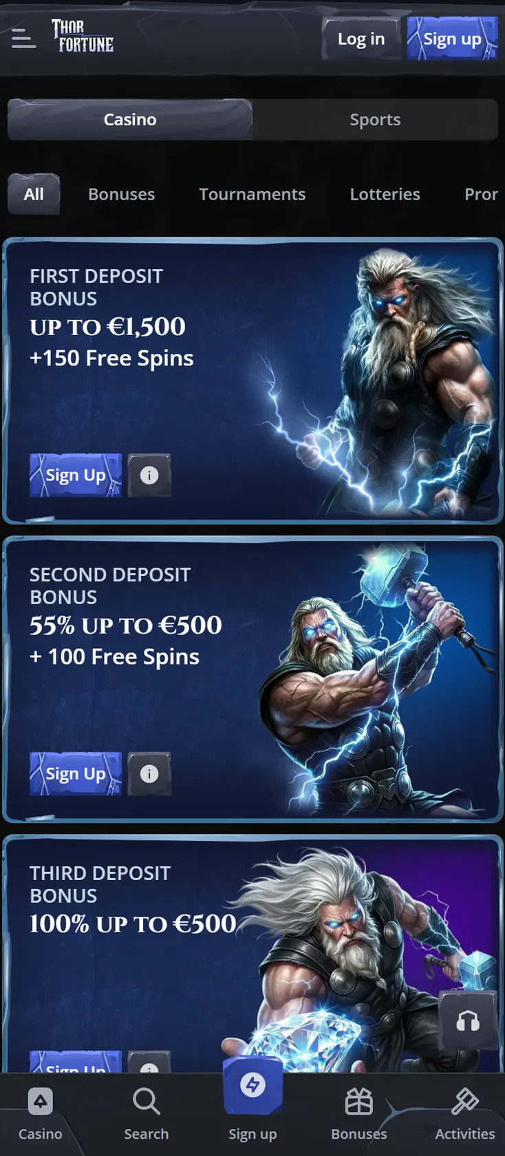 Thorfortune Casino promotions page on mobile showing the three welcome deposit bonuses