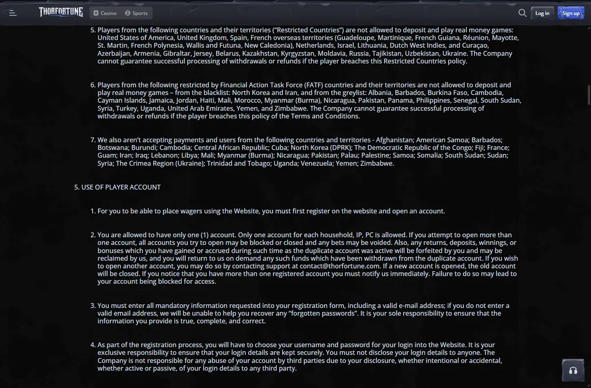 Thorfortune Casino terms and conditions clause listing the restricted countries including the United States, United Kingdom, Spain, Netherlands and Russia