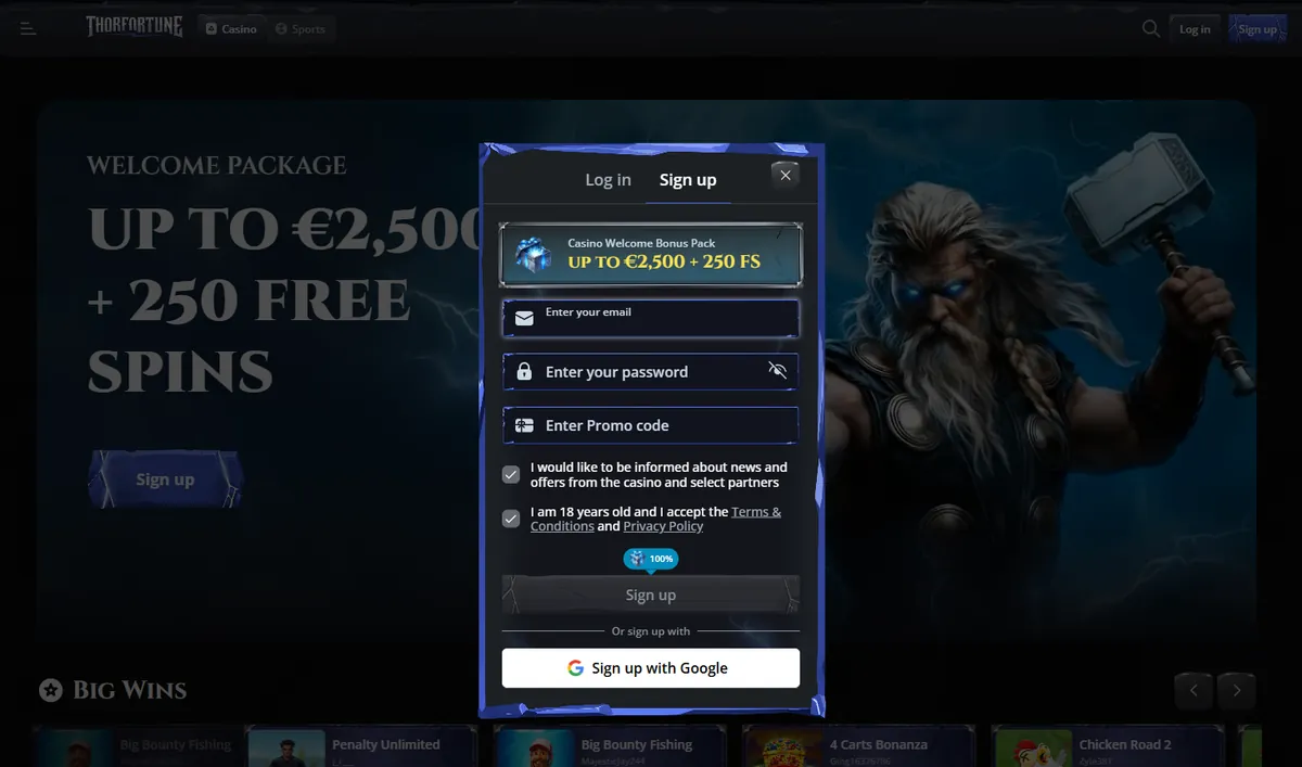 Thorfortune Casino sign-up form with the welcome bonus pack preselected, email and password fields and a promo code field