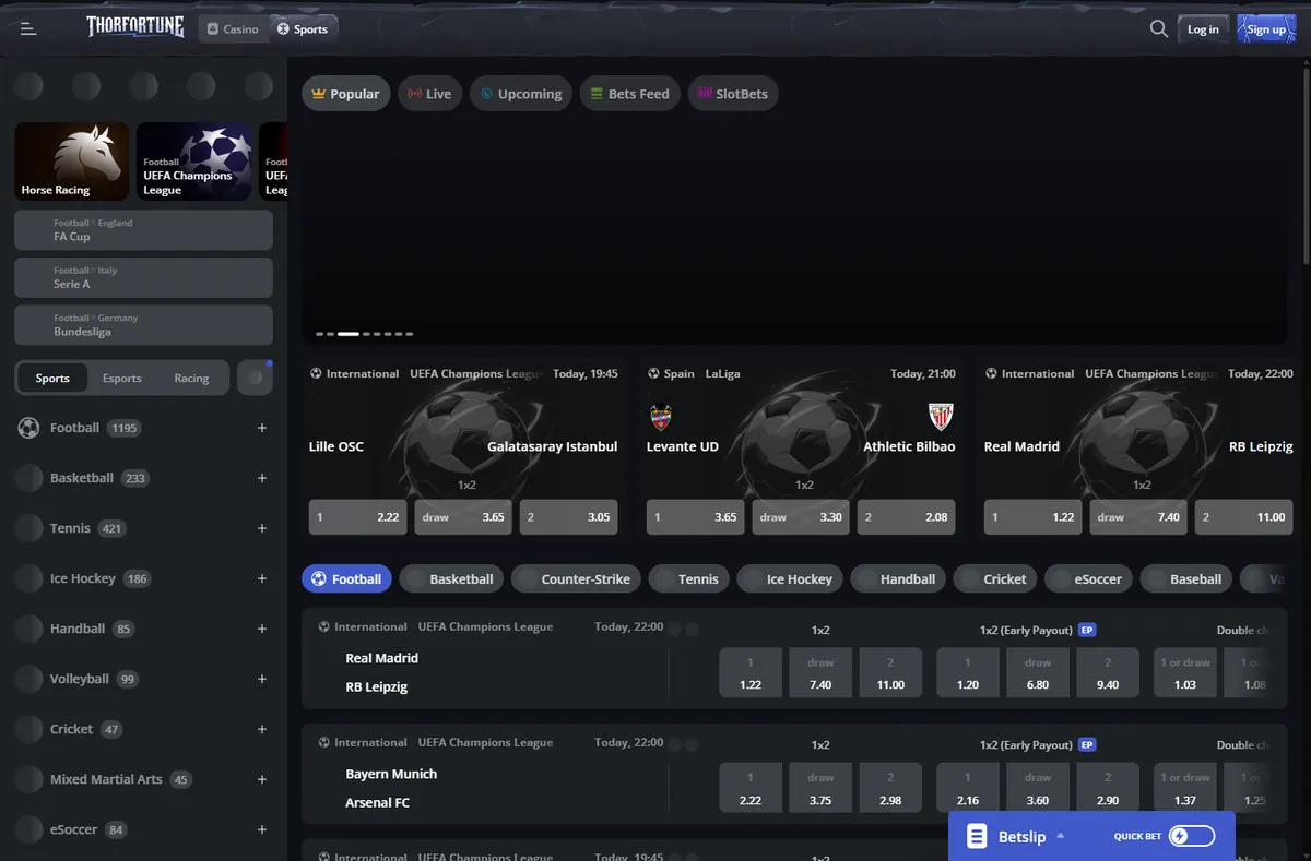 Thorfortune sportsbook page on desktop with Champions League football odds and the sports list showing more than 1,000 football events