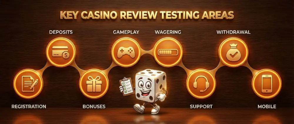 What casinos test in review process showing account creation, deposits, bonuses, games, wagering, support, withdrawals and mobile experience