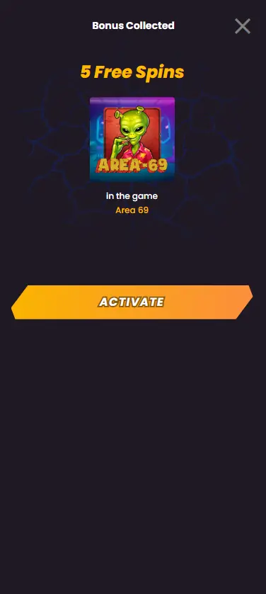 Wild Tokyo Casino registration bonus 5 free spins in Area 69 slot game