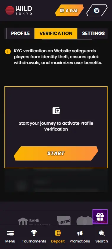 Wild Tokyo Casino KYC verification section requiring deposit before starting verification