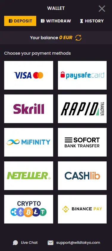 Wild Tokyo Casino deposit window appearing immediately after registration