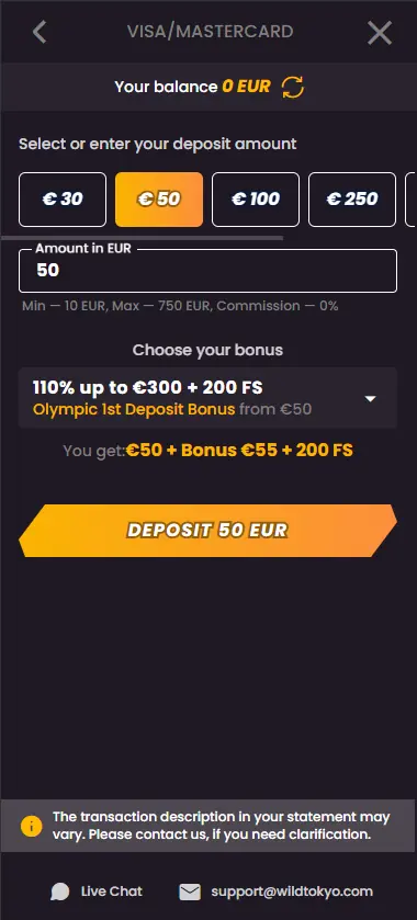 Wild Tokyo Casino VISA deposit window showing welcome bonus selection options