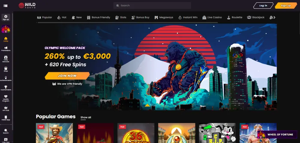 Wild Tokyo Casino lobby from desktop - showing 30+ payment methods including cryptocurrency options