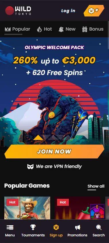 Wild Tokyo Casino lobby displayed on mobile phone