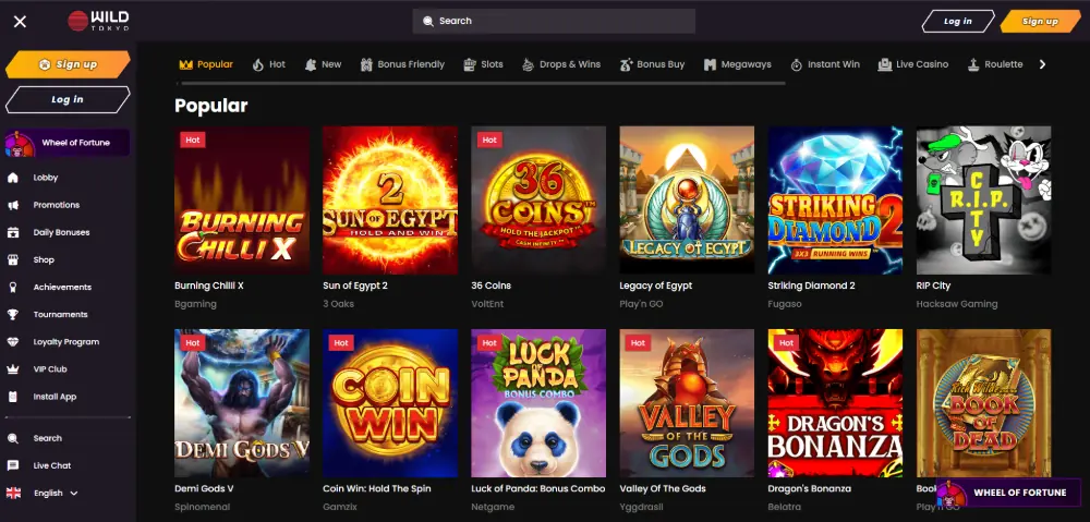 Wild Tokyo Casino most popular slots on desktop