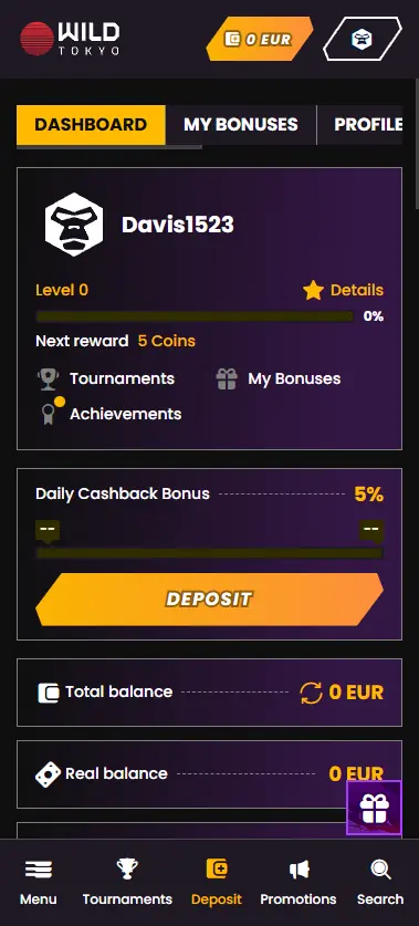 Wild Tokyo Casino profile page showing account settings and verification options