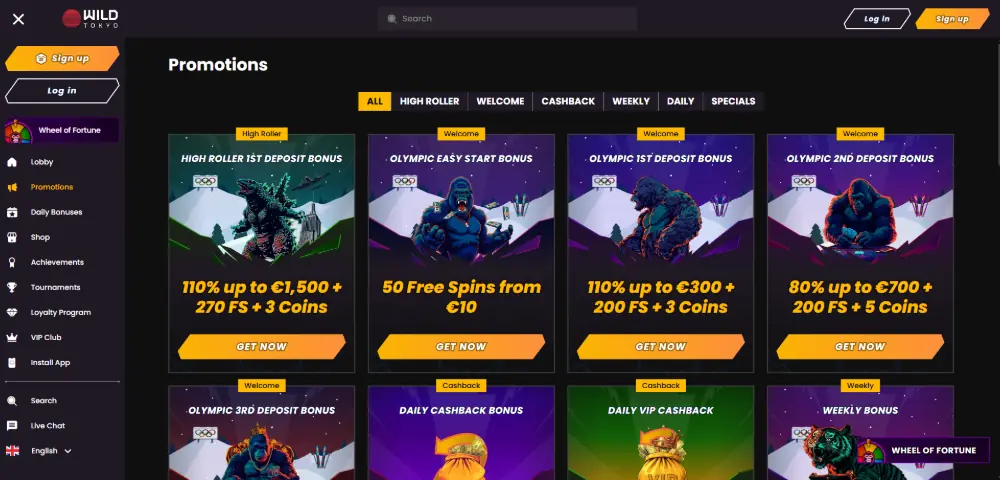 Wild Tokyo Casino promotions page on desktop