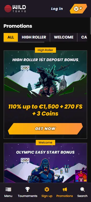 Wild Tokyo Casino promotions page on mobile