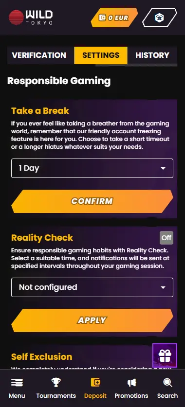 Wild Tokyo Casino responsible gambling settings showing reality check and break options