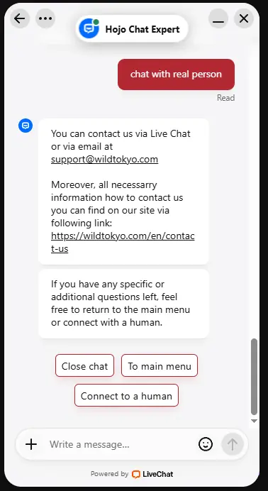 Wild Tokyo Casino support chat window showing bot-only responses