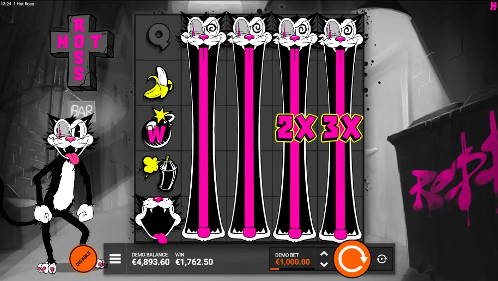Hot Ross Epic Drop FeatureSpins active showing guaranteed Ro$$ symbols and Wild coverage across the grid