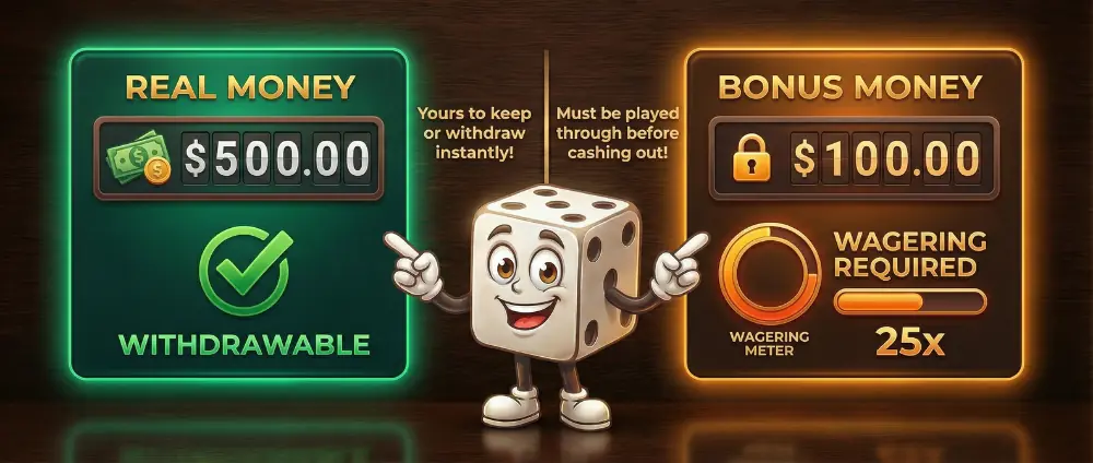 Bonus money versus real money balance separation explained showing withdrawable and wagering required funds