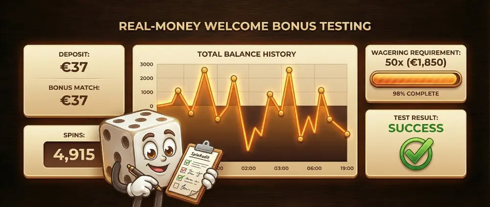 Real money welcome bonus testing examples showing actual results from casino bonus tests