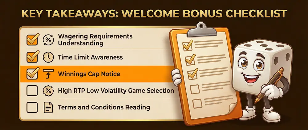 Welcome bonus key takeaways checklist showing important factors before accepting casino bonuses